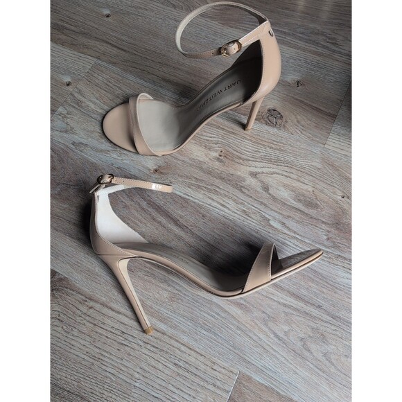 Stuart Weitzman Nudist II Nude Beige Patent Leather Stilleto Sandals Womens 9.5 - Picture 1 of 16